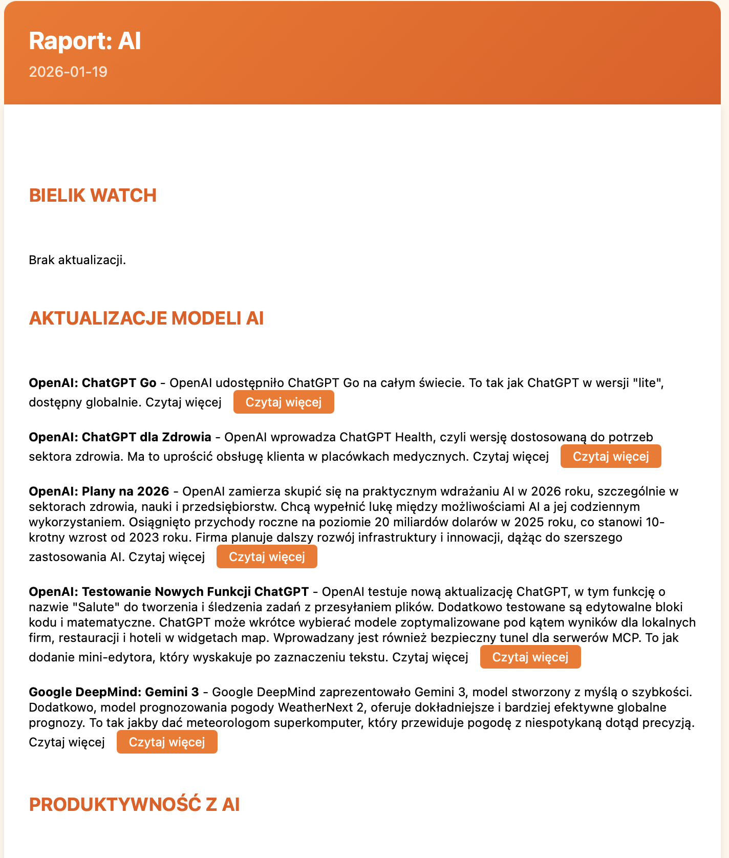 Przykładowy mail z podsumowaniem od AI Agenta