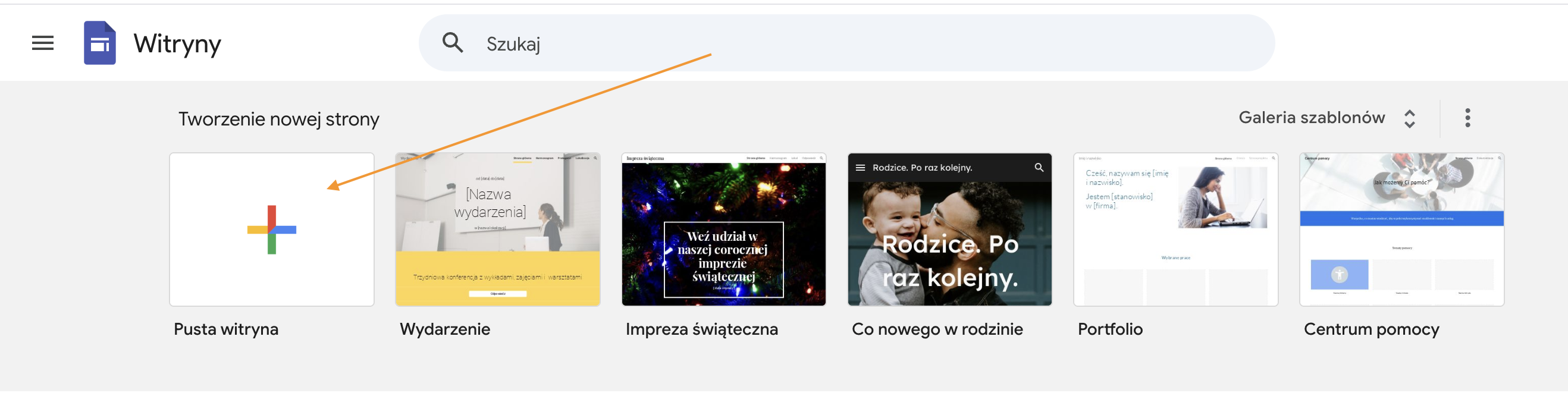 Wybór szablonu w Google Sites