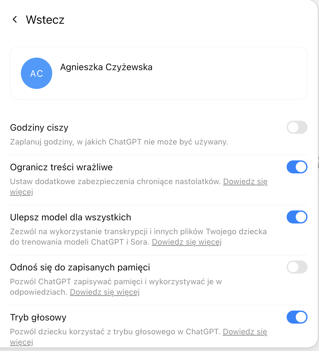 Ustawienia kontroli rodzicielskiej w ChatGPT