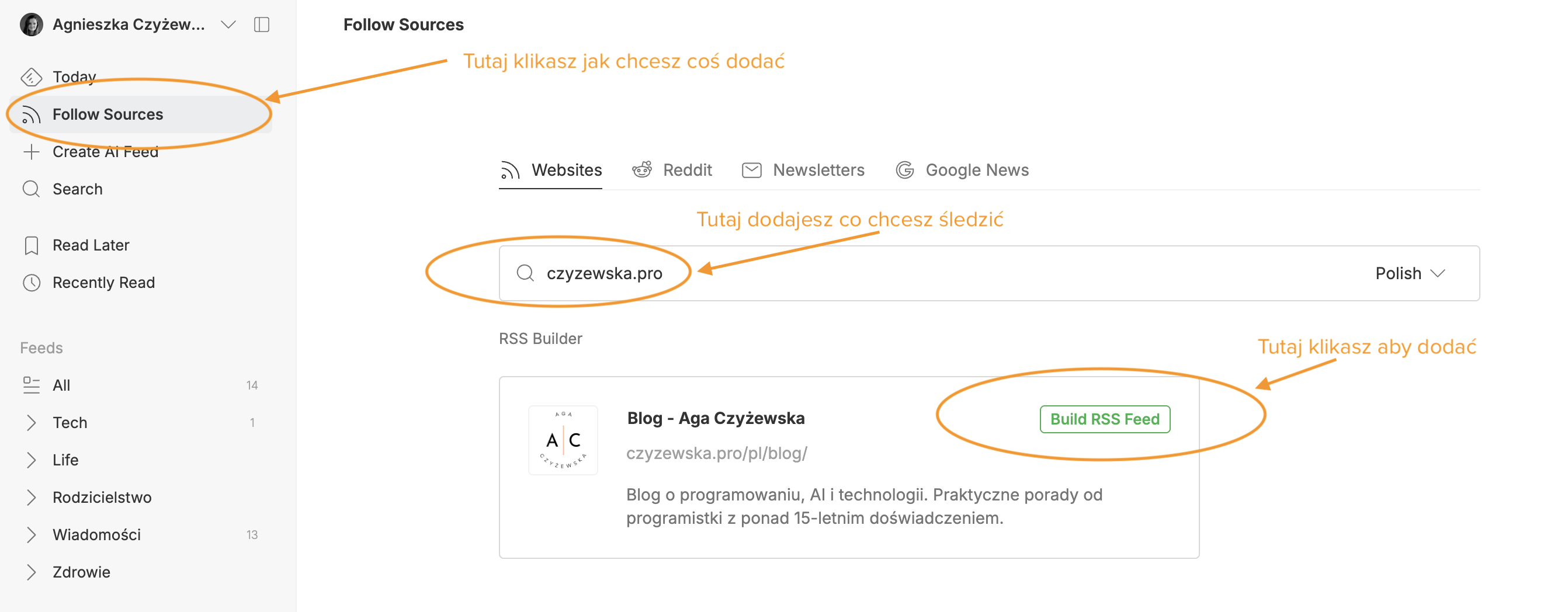 Instrukcja krok po kroku dodawania portalu do Feedly